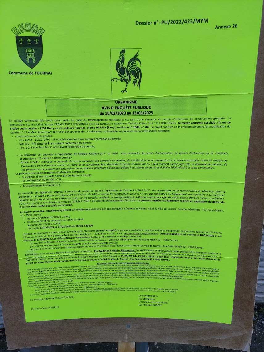 Contre le lotissement prévu rue Abbé Louis Lezaire à 7534 Barry (PU/2022/423/MYM).