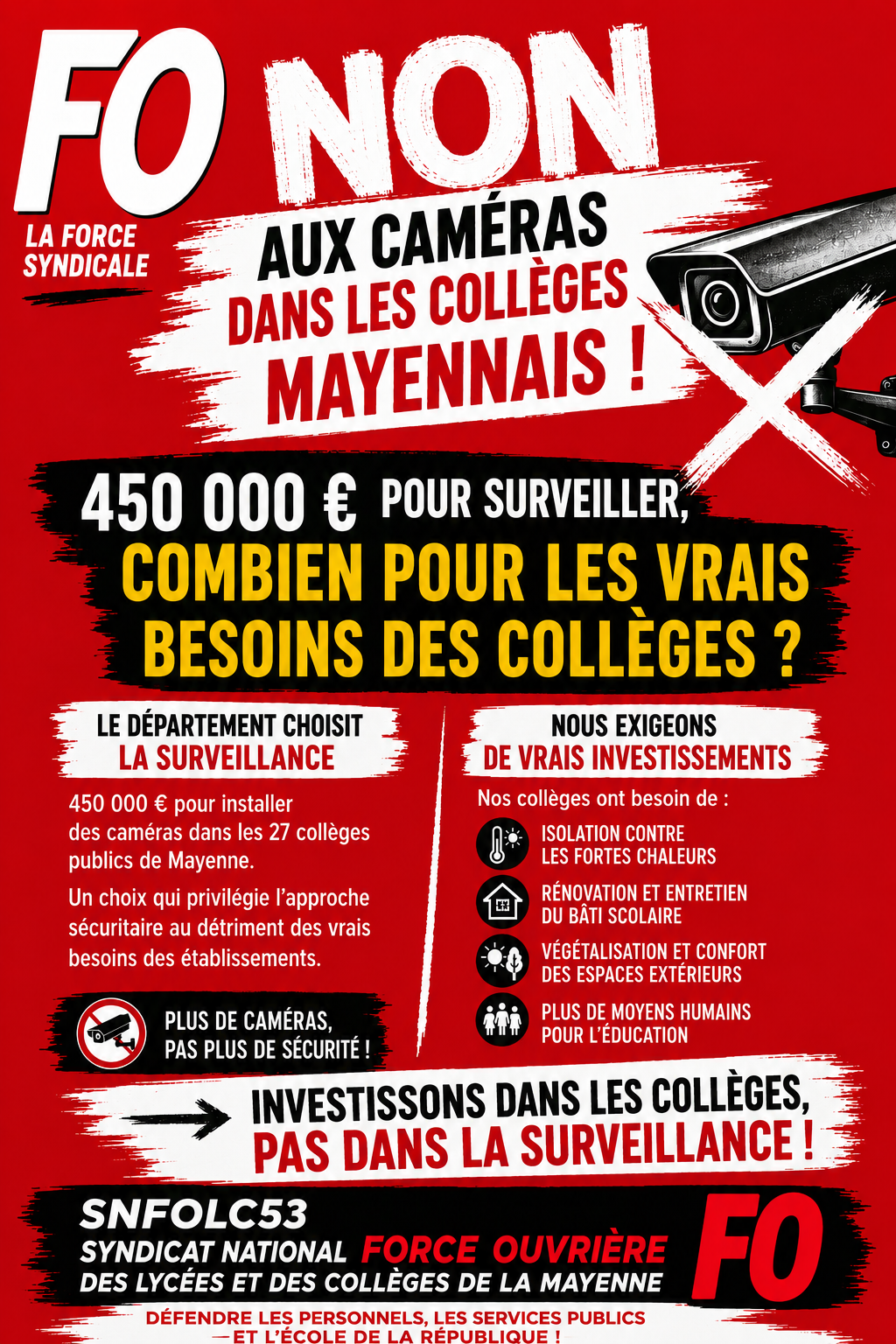 Département : de l'argent pour l'isolation et la rénovation des collèges du 53, pas pour les caméras de surveillance !
