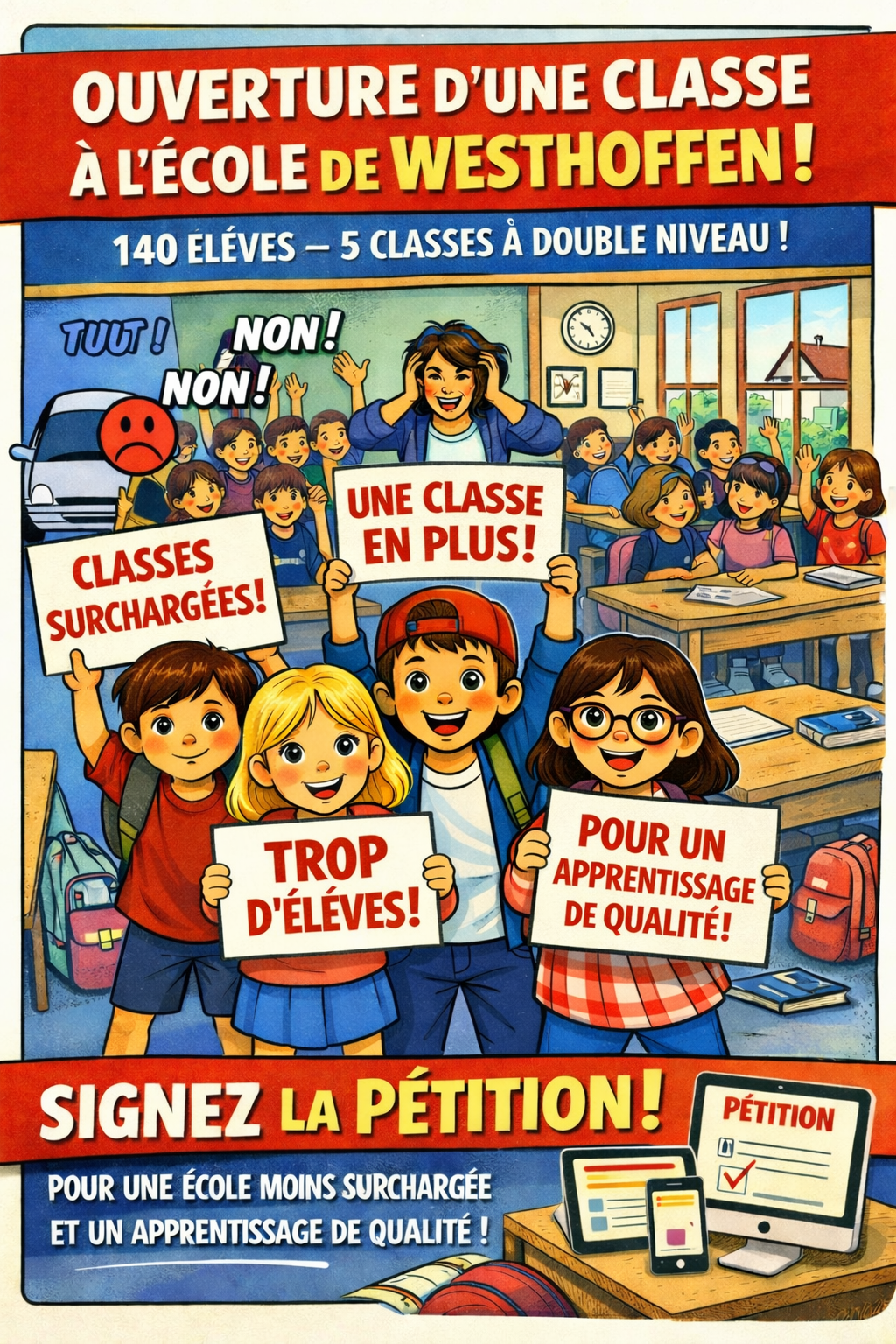 Ouverture d’une classe supplémentaire! Classes surchargées, école en danger!