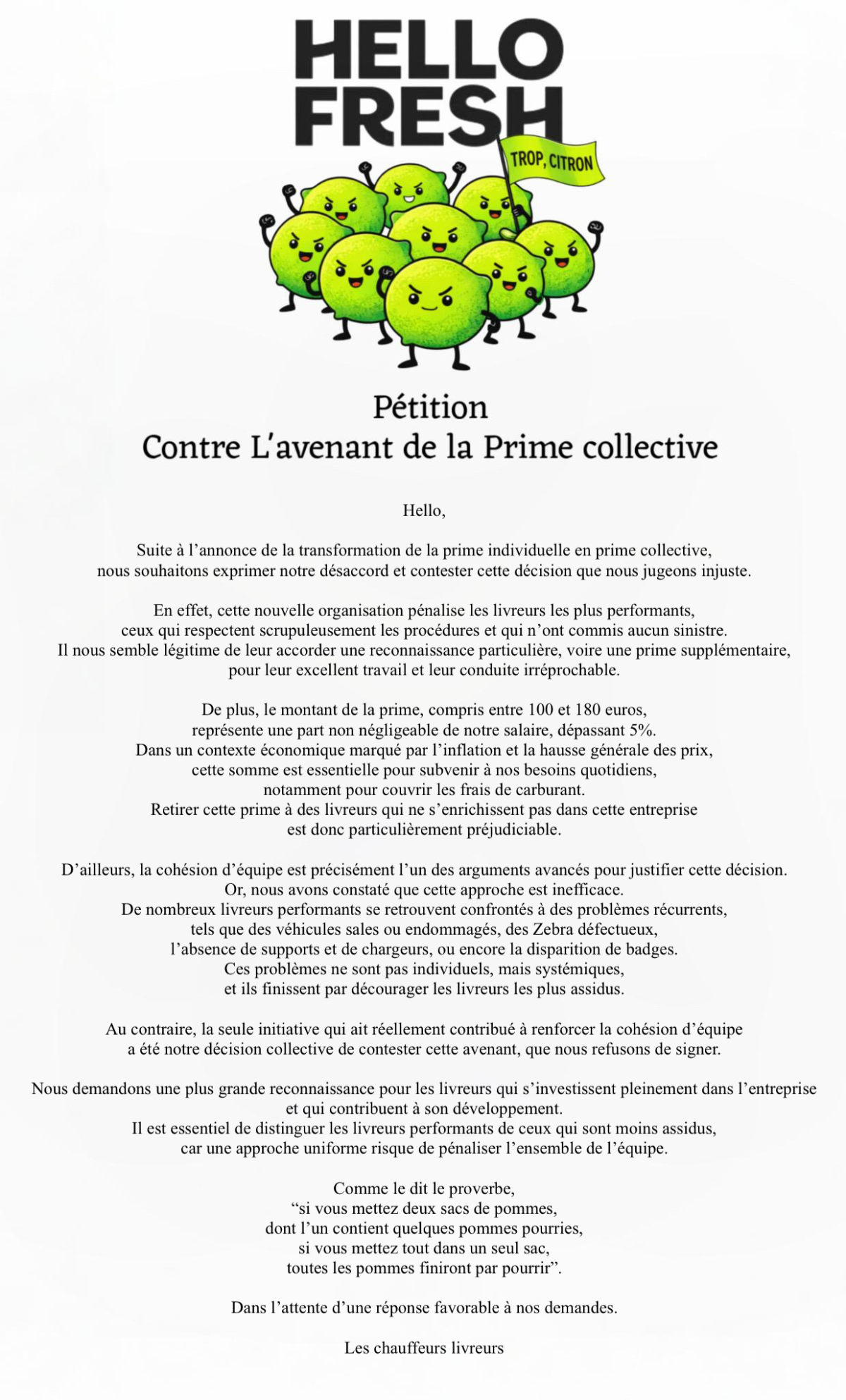 Pétition Contre L'avenant de la Prime collective